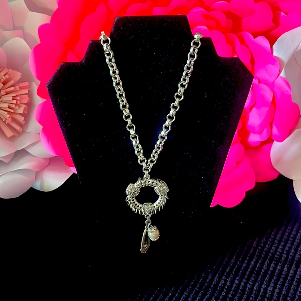 Funky long Silver Metal Necklace with center Silver reversible Medal medallion.